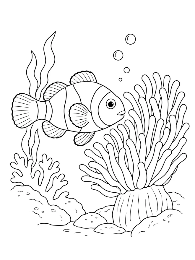 Clownfish beside an anemone — medium animal coloring page