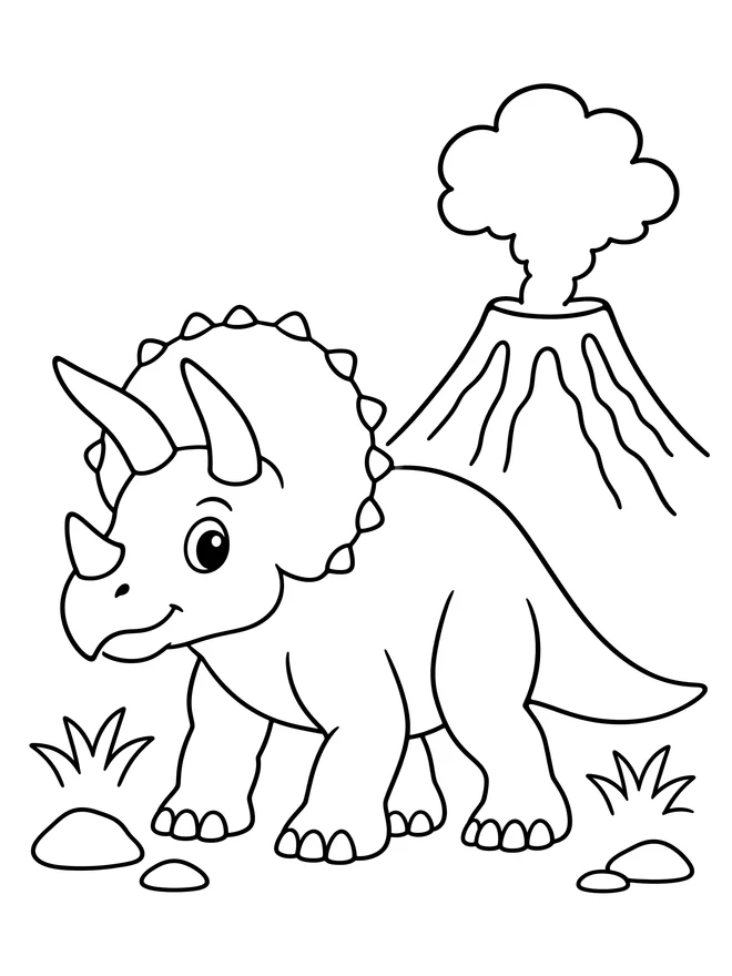 Triceratops by a volcano — simple animal coloring page