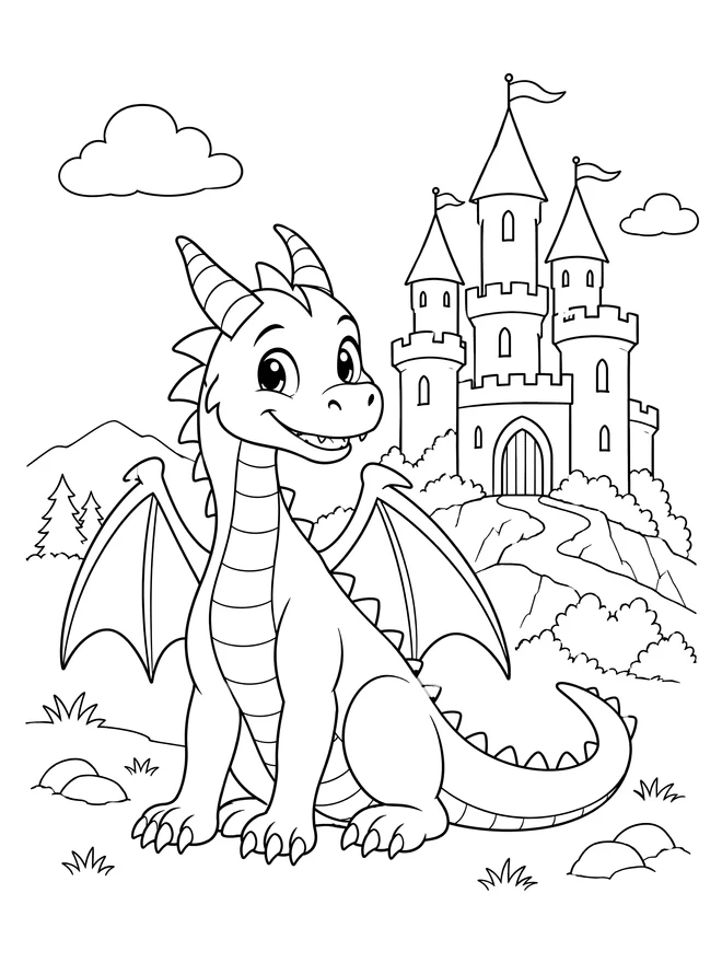 Friendly dragon beside a castle — medium animal coloring page