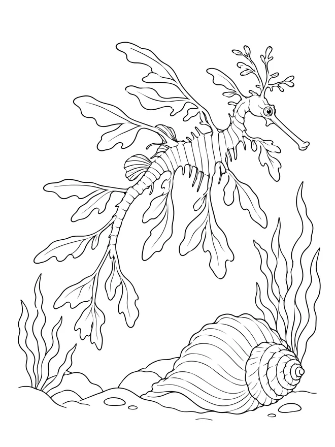 Sea dragon swimming by a shell — detailed animal coloring page
