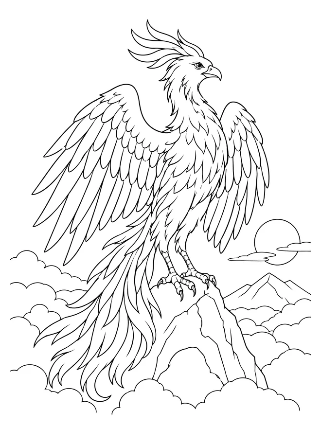 Phoenix perched above clouds — medium animal coloring page