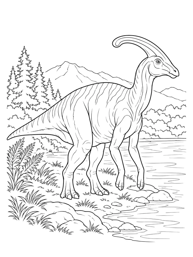 Parasaurolophus beside a river — detailed animal coloring page