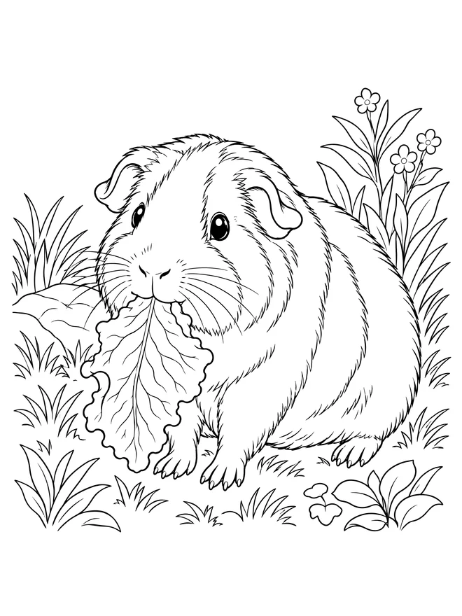 Guinea pig with a lettuce leaf — detailed animal coloring page