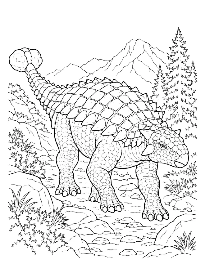 Ankylosaurus on a rocky path — detailed animal coloring page