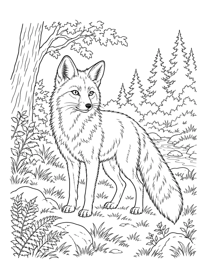 Fox in a woodland clearing — detailed animal coloring page