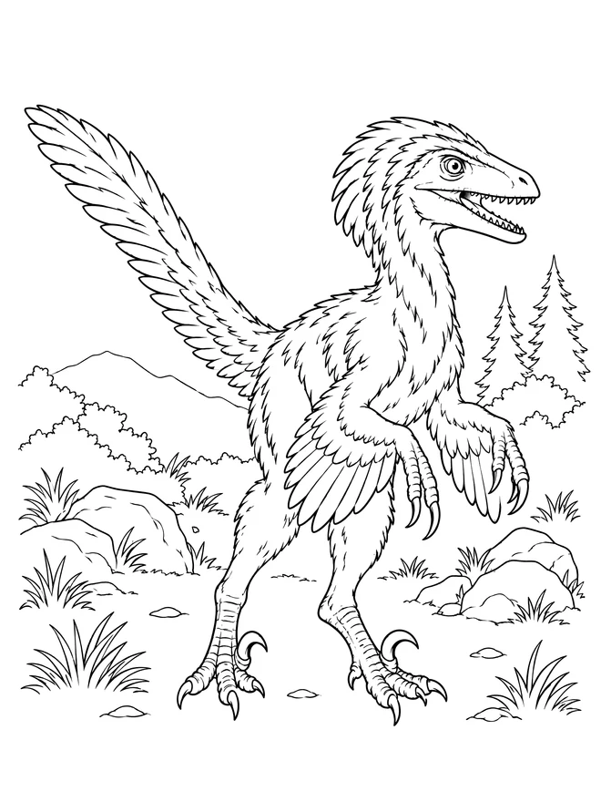 Feathered Velociraptor in a clearing — medium animal coloring page