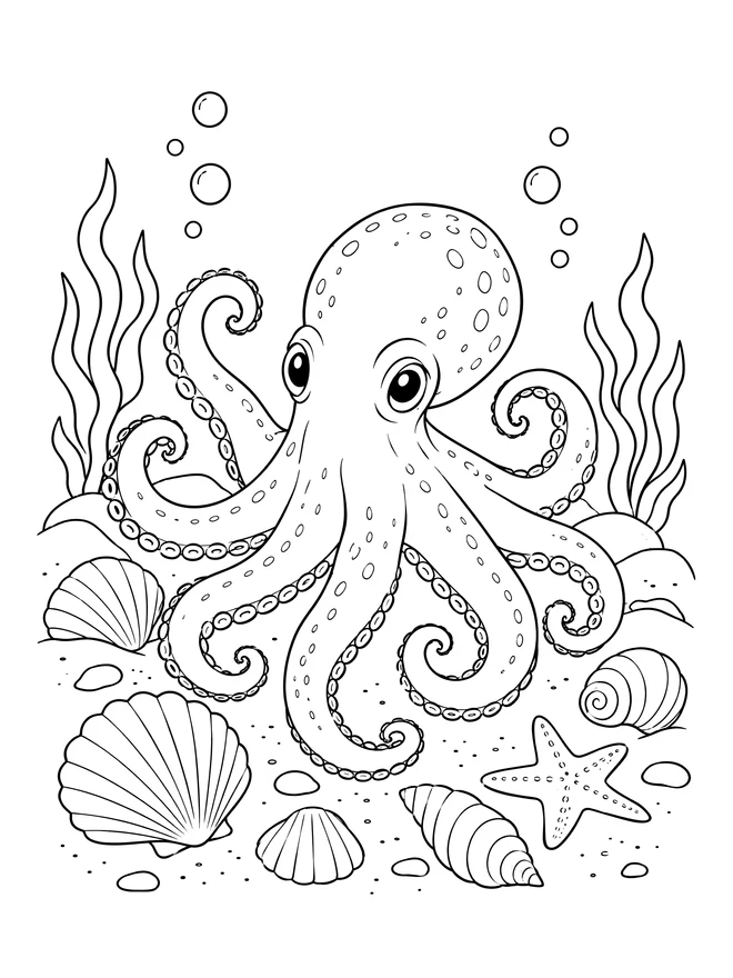 Octopus among seashells — medium animal coloring page