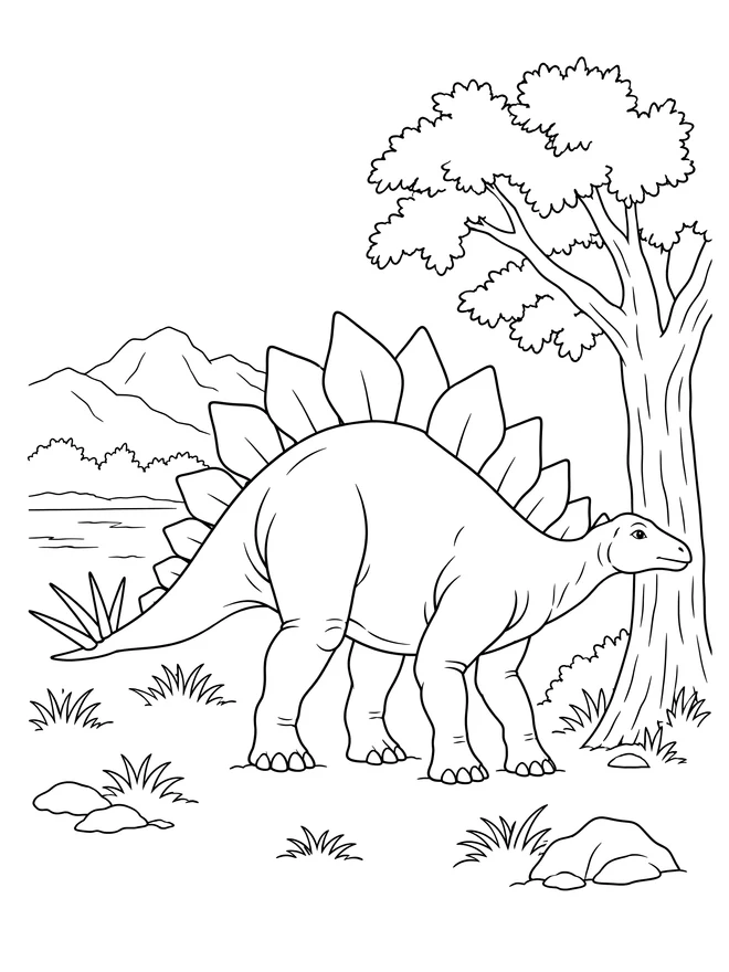 Stegosaurus near a tree — medium animal coloring page