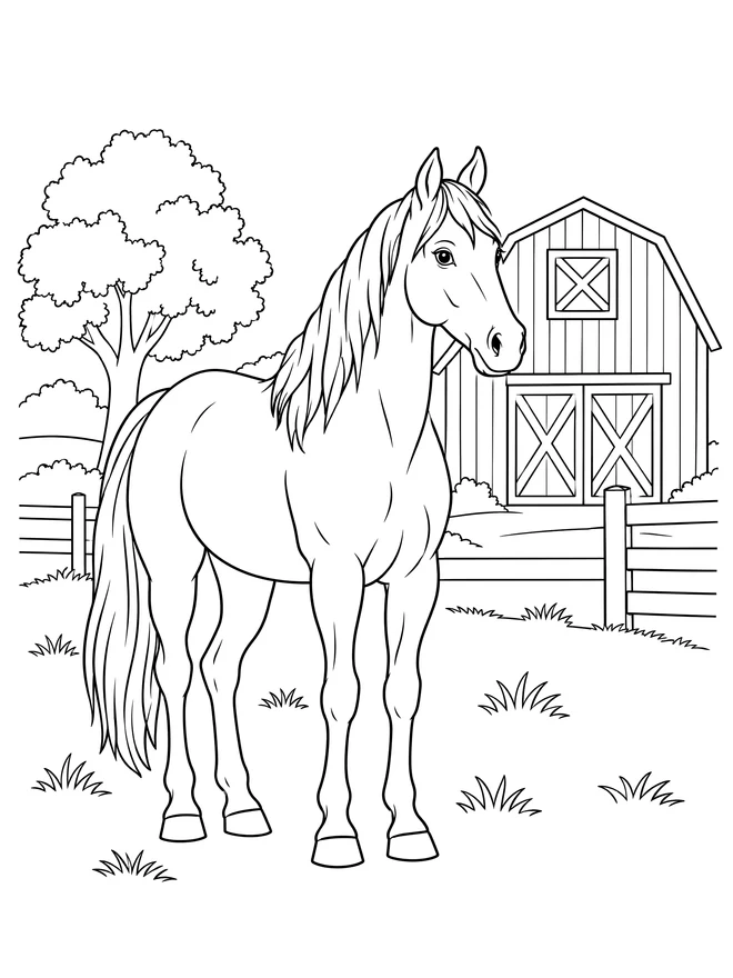 Horse beside a barn — medium animal coloring page