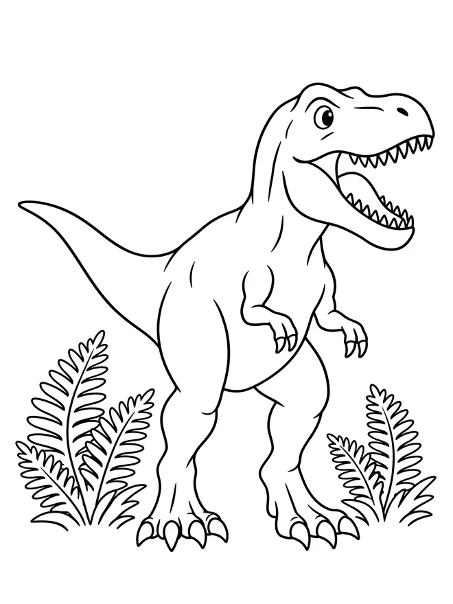 Tyrannosaurus beside ferns — simple animal coloring page