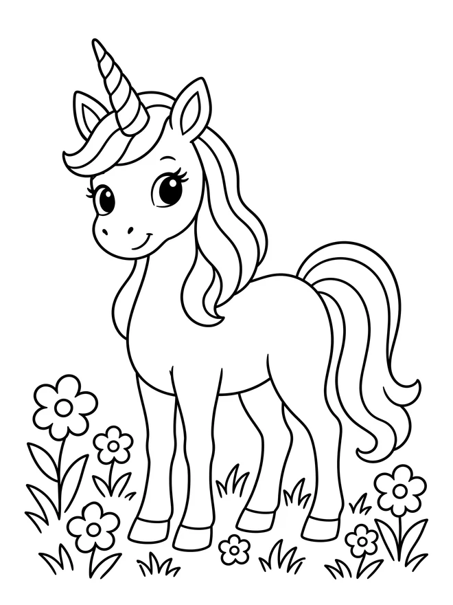 Unicorn in a flower meadow — simple animal coloring page