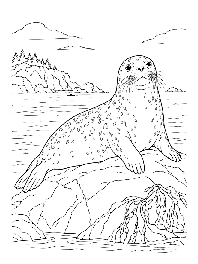Seal on a rock — detailed animal coloring page