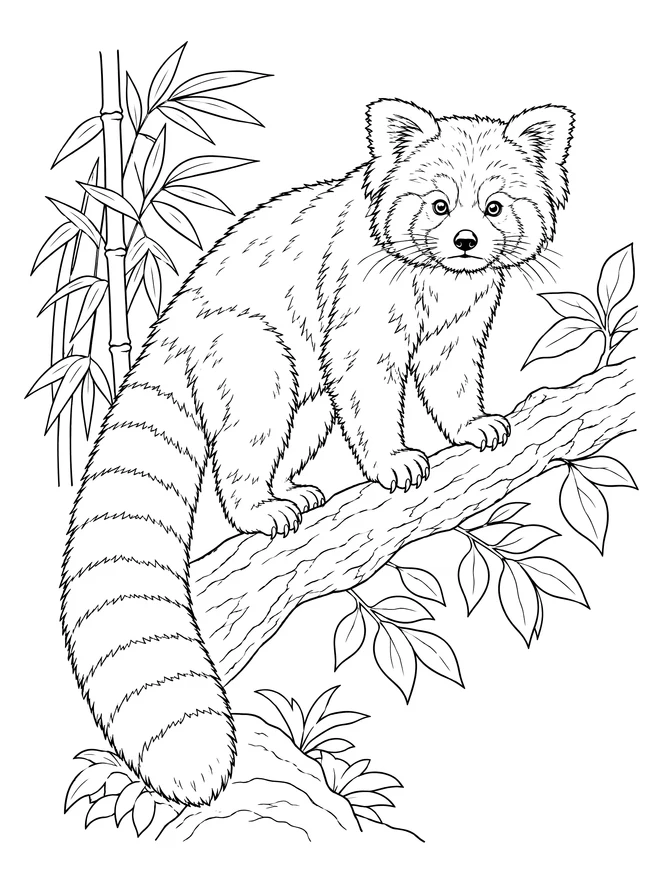Red panda on a branch — detailed animal coloring page