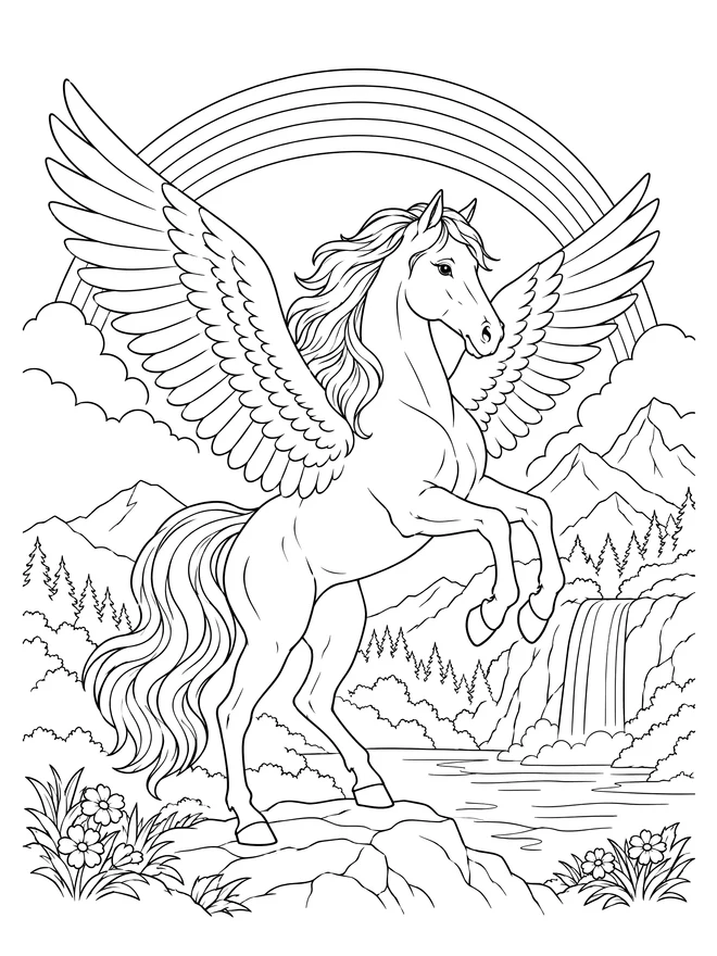 Pegasus beneath a rainbow — detailed animal coloring page