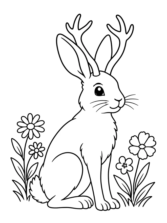 Jackalope beside wildflowers — simple animal coloring page