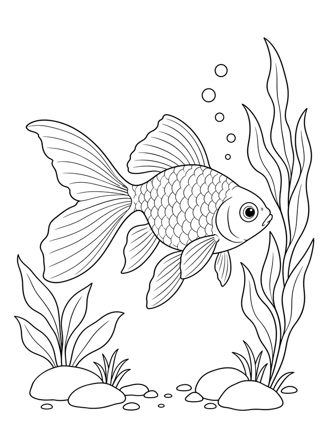 Goldfish swimming by water plants — medium animal coloring page