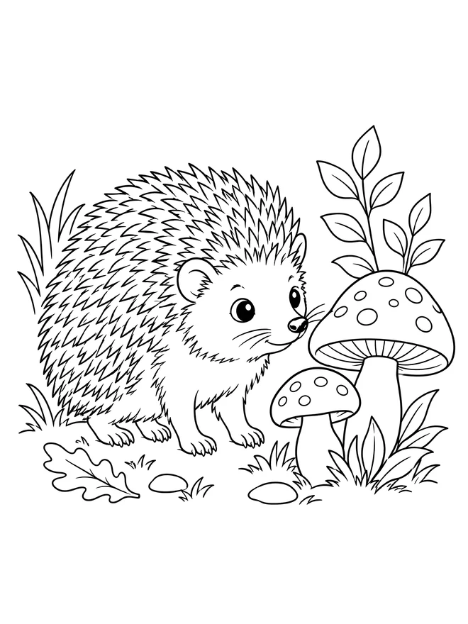 Hedgehog beside mushrooms — medium animal coloring page