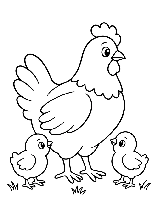 Hen with two chicks — simple animal coloring page