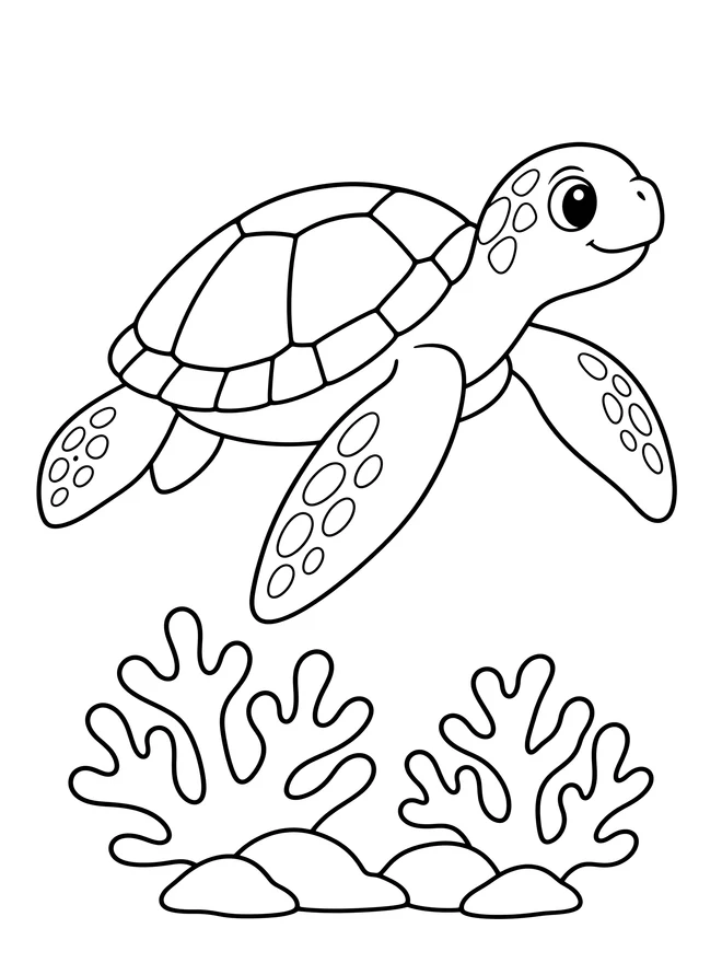 Sea turtle above coral — simple animal coloring page