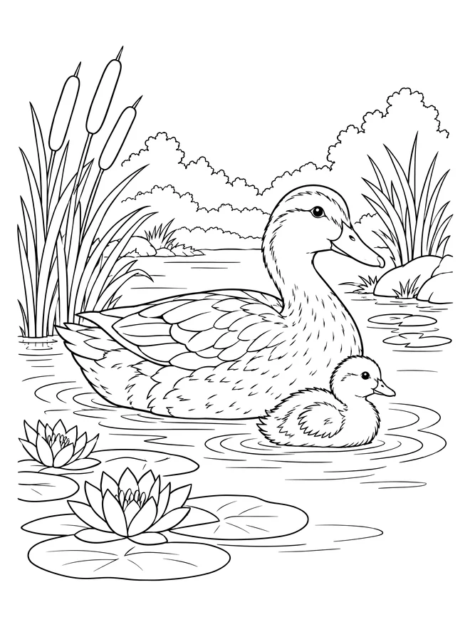 Duck and duckling on a pond — detailed animal coloring page