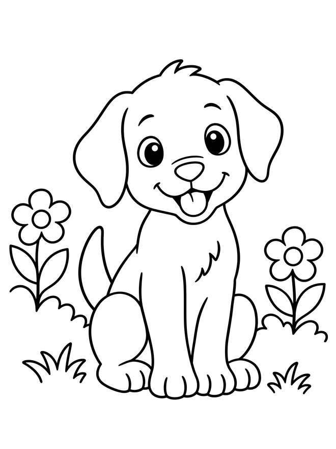 Puppy sitting in a garden — simple animal coloring page