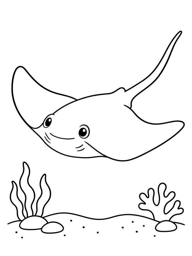Stingray above a sandy seabed — simple animal coloring page