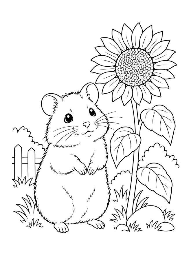 Hamster beside a sunflower — medium animal coloring page