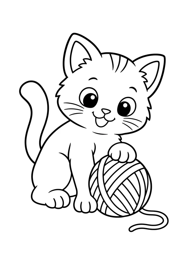 Kitten with a ball of yarn — simple animal coloring page