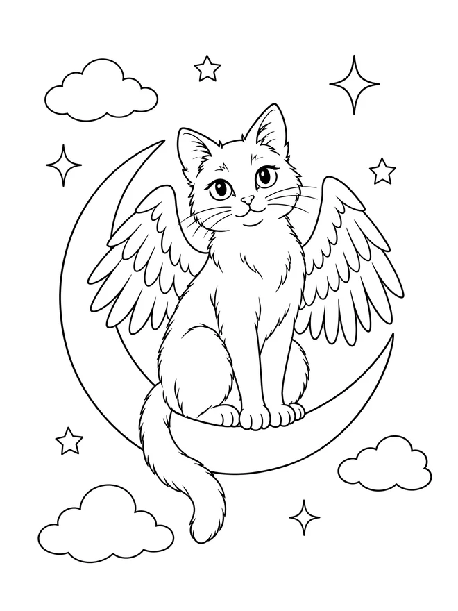Winged cat sitting on a crescent moon — medium animal coloring page