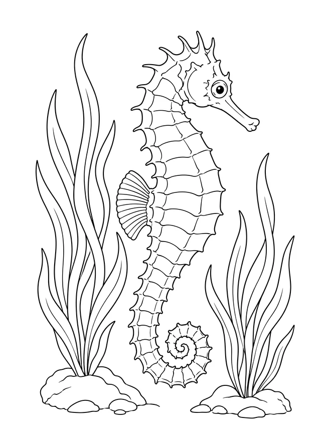 Seahorse beside sea grass — detailed animal coloring page