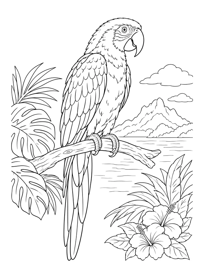 Parrot on a perch — detailed animal coloring page