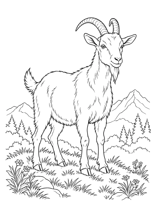 Goat on a grassy hill — detailed animal coloring page