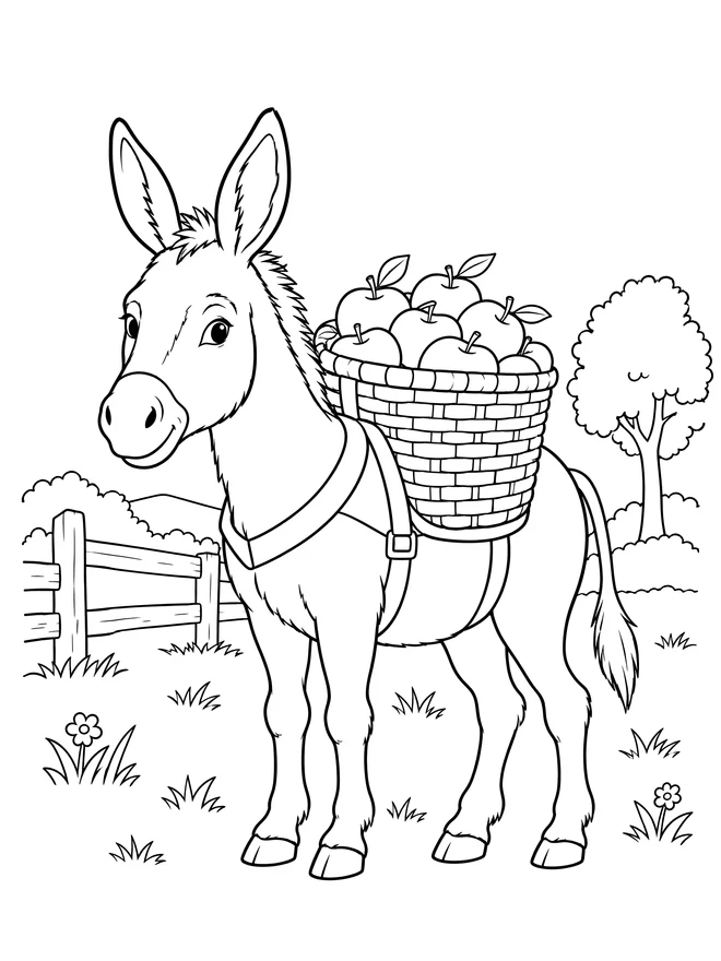 Donkey carrying a basket of apples — medium animal coloring page